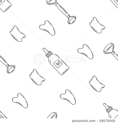 Seamless pattern of trendy gua sha scrapers made of natural stone and cosmetic oil, roller massager for facial care. Vector illustration skin care concept 89078008