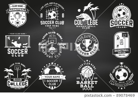 Set of soccer, football and basketball club badge on chalkboard. Vector. Concept for shirt, print, stamp or tee. Vintage design with soccer, football player, basketball player, hoop and ball 89078469