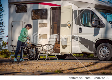 Family vacation travel RV, holiday trip in motorhome 89078590