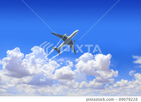 Horizontal nature background with aircraft and Jet trailing smoke in the sky. Airplane and condensation trail Horizontal nature background with aircraft and Jet trailing smoke in the sky. Airplane and condensation trail 89079228