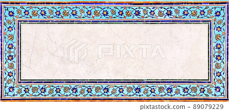 Detail of traditional persian mosaic wall with geometrical and floral ornament, Iran. Horizontal frame with ceramic tile 89079229