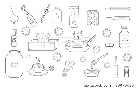 Hand-drawn set of elements related to colds. Methods of treatment for colds. 89079430