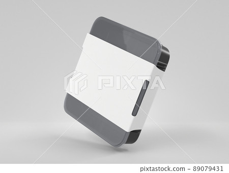 Black plastic disposable food container with transparent lid and empty white cardboard label, angle view. Realistic mockup square sushi delivery box, meal lunch take away, 3d render illustration 89079431
