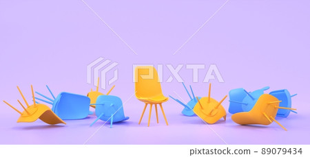 Hr, recruitment concept, searching and interviewing candidate for vacant work place, job vacancy, business hiring. Empty office chair with pile of upside down seats. Minimal 3d render illustration 89079434