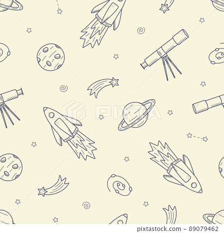 Cosmos doodle is a set of vector illustrations. Seamless pattern icons of space elements rocket cosmonaut stars satellite telescope comet 89079462