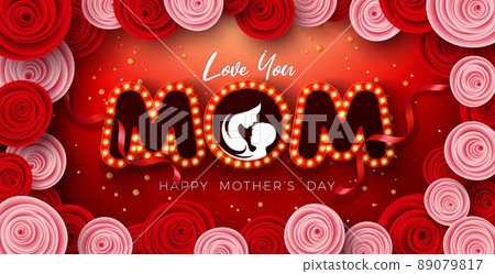 Happy Mother's Day Greeting Card Design with Rose Flower and Love You Mom Light Bulb Billboard Lettering on Red Background. Vector Mothers Day Illustration Template for Banner, Flyer, Invitation 89079817
