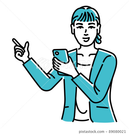 Business person (female) who guides something with a smartphone in one hand Business person (female) who guides something with a smartphone in one hand 89080021