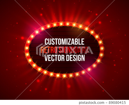 Vector Retro Billboard or Lightbox Illustration with Customizable Design on Shiny Red Background. Light Bulb Frame or Vintage Bright Signboard for Show, Night Events, Cinema or Theatre Advertising Vector Retro Billboard or Lightbox Illustration with Customizable Design on Shiny Red Background. Light Bulb Frame or Vintage Bright Signboard for Show, Night Events, Cinema or Theatre Advertising 89080415