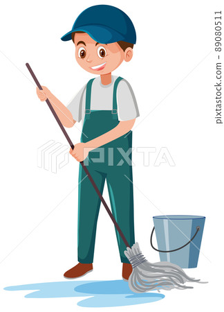 Male janitor cleaning the floor Male janitor cleaning the floor 89080511