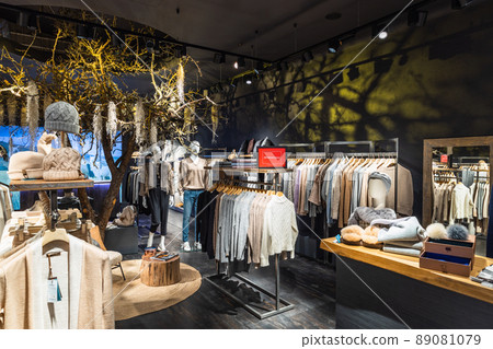 Luxury shopping mall department, clothing store interior. Panorama, Vilnius, Lithuania 10 April 2022 Luxury shopping mall department, clothing store interior. Panorama, Vilnius, Lithuania 10 April 2022 89081079