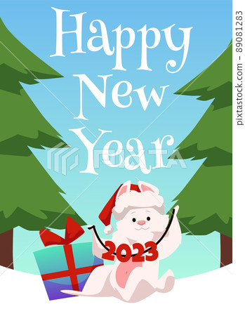 Happy new year vertical banner with cute rabbit flat style Happy new year vertical banner with cute rabbit flat style 89081283