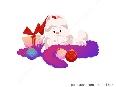 Cute cartoon rabbit sits with gifts, colorful christmas balls isolated on white Cute cartoon rabbit sits with gifts, colorful christmas balls isolated on white 89081302