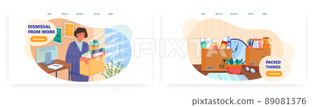 Dismissal, landing page design, website banner vector template set. Fired employee leaving office with personal things. Dismissal, landing page design, website banner vector template set. Fired employee leaving office with personal things. 89081376