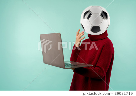 Abstract modern collage. woman soccer ball ver blue background 89081719