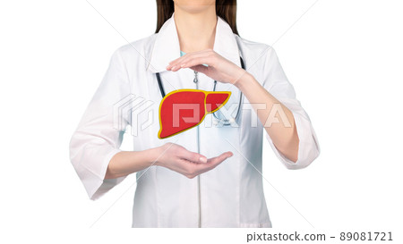 Image of a doctor in a white coat and liver above his hands. Concept of healthy liver and donation. Image of a doctor in a white coat and liver above his hands. Concept of healthy liver and donation. 89081721