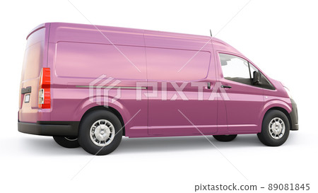 Pink commercial van for transporting small loads in the city on a white background. Blank body for your design. 3d illustration. Pink commercial van for transporting small loads in the city on a white background. Blank body for your design. 3d illustration. 89081845