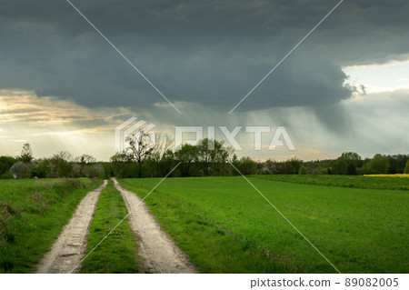 Dark rain cloud over the green field by the road 89082005