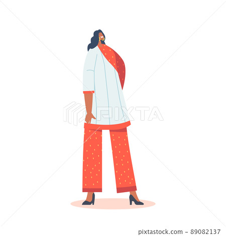 Indian Woman Wear Red Suit with Trousers and Long Blouse with Scarf, Female Character in Traditional Clothes Indian Woman Wear Red Suit with Trousers and Long Blouse with Scarf, Female Character in Traditional Clothes 89082137