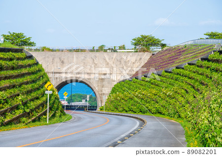 The big blue sky of the southern island and the blue sea beyond the tunnel of the emotional bridge 89082201