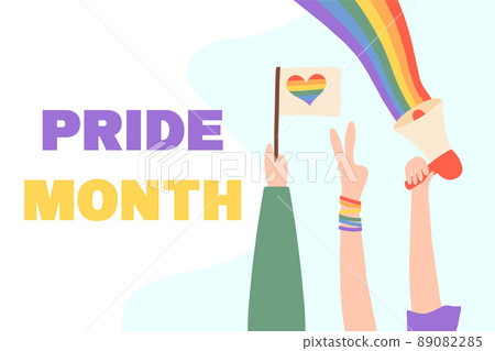 People hold megaphone and flags with lgbt rainbow and transgender flag during pride month celebration against violence, descrimination, human rights violation. Equality and self-affirmarmation. 89082285