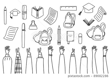 School supplies and items set isolated on white background. Back to school . Education workspace accessories. Vector illustration.Doodle style. Hands up. 89082286