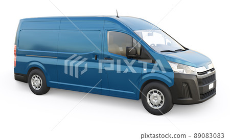 Blue commercial van for transporting small loads in the city on a white background. Blank body for your design. 3d illustration. 89083083