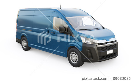 Blue commercial van for transporting small loads in the city on a white background. Blank body for your design. 3d illustration. 89083085