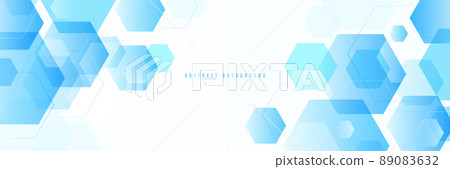 Abstract blue geometric hexagon shapes on white background with space for your text. Futuristic technology and science concept. Modern geometric overlay hexagon wide banner design 89083632
