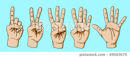 vector set posture of counting fingers 1-2-3-4-5 isolated on blue background, cartoon sketch drawing style. body language gesture , finger language, sign language, finger alphabet 89083678