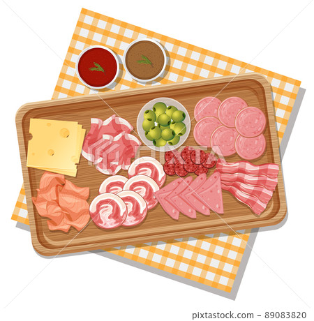 Top view of lunch meat on a wooden tray Top view of lunch meat on a wooden tray 89083820