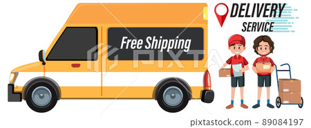 Delivery man with package and truck Delivery man with package and truck 89084197