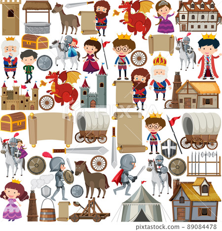 Medieval characters buildings set 89084478