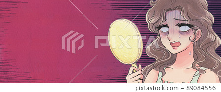An advertising banner for a retro girl cartoon-style white-eyed woman who is surprised by a tired face and a bear An advertising banner for a retro girl cartoon-style white-eyed woman who is surprised by a tired face and a bear 89084556