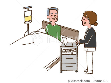 一位護士在住院病人中與一位老人交談，一位滑稽的手寫人，一個矢量和線條圖上的顏色。 89084609