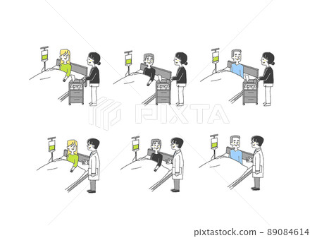 一組醫生和護士呼喚住院病人、滑稽的手繪人物、矢量圖、線條藝術和顏色 一組醫生和護士呼喚住院病人、滑稽的手繪人物、矢量圖、線條藝術和顏色 89084614