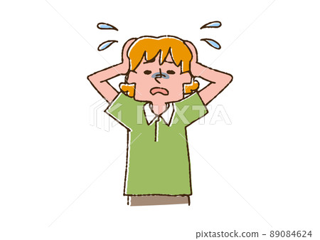 Caregiver holding his head Comical handwritten person Vector, line drawing and color Caregiver holding his head Comical handwritten person Vector, line drawing and color 89084624