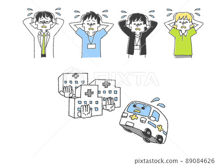 A set of a medical worker holding his head and an ambulance with no recipient Comical handwritten person Vector, line drawing 89084626