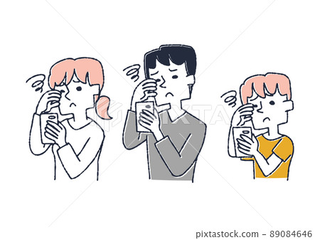 A set of people who are tired of their eyes due to overlooking the smartphone Comical handwritten person Vector, line drawing and color 89084646