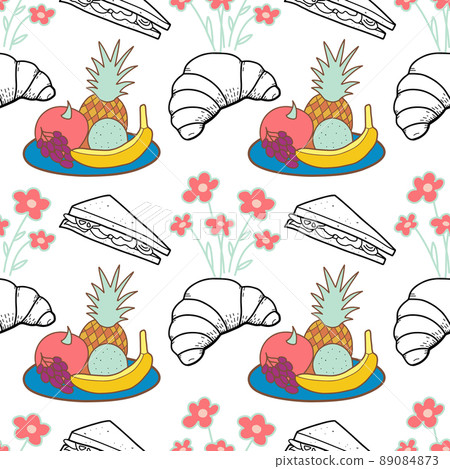 Seamless pattern color and contour drawings of picnic elements 89084873