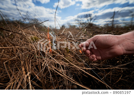 Man burning old dried grass in field. Close up of hand holding burning match and setting fire to dry grass with cloudy sky on blurred background. Concept of ecology and human factor in fires. Man burning old dried grass in field. Close up of hand holding burning match and setting fire to dry grass with cloudy sky on blurred background. Concept of ecology and human factor in fires. 89085197