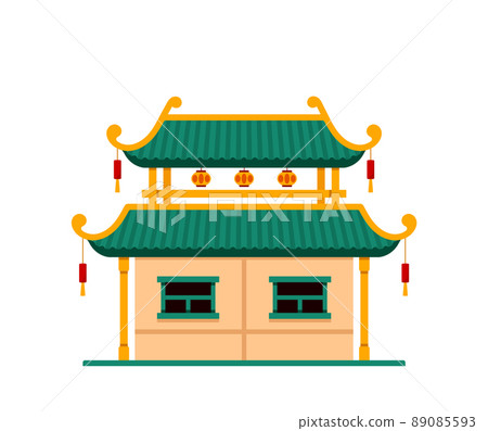 Pagoda Building Icon, Chinese or Japanese Asian Tower of Green and Gold Colors and Double Roof. Temple of China or Japan Pagoda Building Icon, Chinese or Japanese Asian Tower of Green and Gold Colors and Double Roof. Temple of China or Japan 89085593