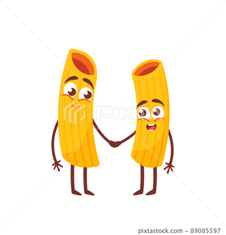 Cute Pasta Characters Holding Hands Isolated on White Background. Noodles Friends, Italian Wheat Food. Macaroni Mascot Cute Pasta Characters Holding Hands Isolated on White Background. Noodles Friends, Italian Wheat Food. Macaroni Mascot 89085597
