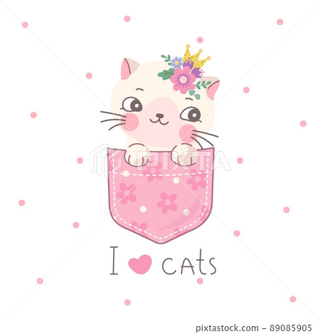 Cute kitten in pocket. Kawaii cat print, kid sweet pet for t-shirt. Art girl animal decor, funny decorative sticker with cartoon nowaday vector character Cute kitten in pocket. Kawaii cat print, kid sweet pet for t-shirt. Art girl animal decor, funny decorative sticker with cartoon nowaday vector character 89085905
