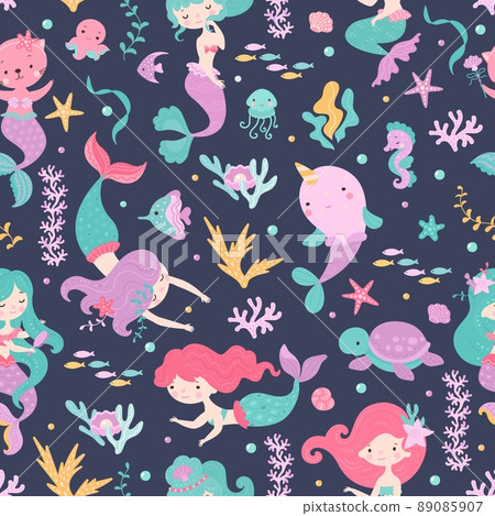 Mermaid seamless pattern. Narwhal and turtle, cartoon cat with fish tail. Cute sea creature, fabric print with beautiful mythical creatures, nowaday vector background 89085907