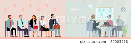 Job interview in office. Young man and interviewer, corporate recruitment. Business people waiting line, employees or candidate queue, decent vector scene 89085918