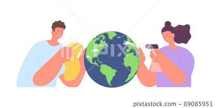 Woman and man care about earth. Save the planet, environment protect. Eco concept, adults cleaning globe, vector scene 89085951