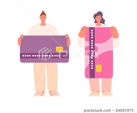 Use banking card. People holding credit or debit cards. Cartoon flat man woman pay, contactless payments. Financial vector characters 89085975