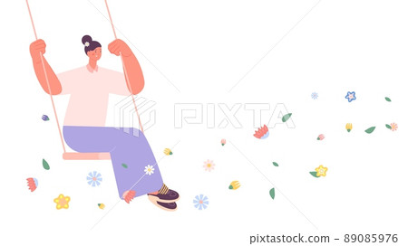 Spring vibes. Girl on swing in flowers flow. Summer vacation, happiness and positive mood. Woman dreams, floral good fantasy vector scene 89085976