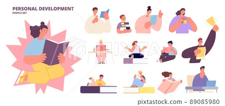 Personal development people characters. Self education and develop with books and computers. Adults and kids reading. Person hold gold cup and book Personal development people characters. Self education and develop with books and computers. Adults and kids reading. Person hold gold cup and book 89085980