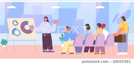 Office business meeting. Managers and leader, corporate study with coach. Financial charts discuss, people on work listen boss. Team vector concept Office business meeting. Managers and leader, corporate study with coach. Financial charts discuss, people on work listen boss. Team vector concept 89085981